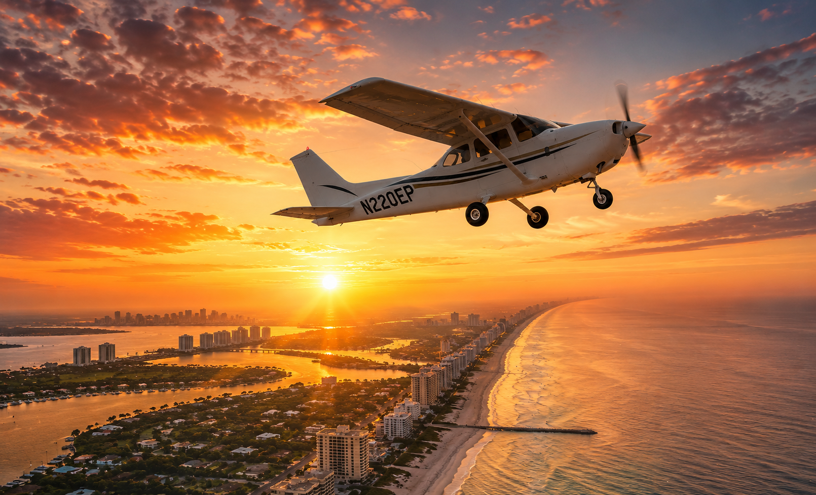 Cessna 172 on runway at sunset